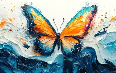 Aufkleber - Dynamic abstract butterfly painting, colorful wings surrounded by paint splashes, modern art style, fluid motion, expressive brushstrokes on canvas
