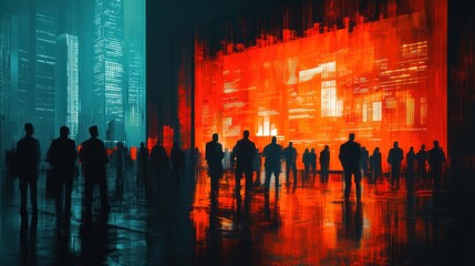 Wall Mural - silhouetted figures observing a vibrant, futuristic cityscape at night