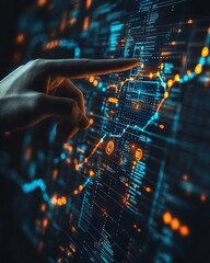 Fototapete - Futuristic businessman presenting glowing digital marketing graph with data visualization, dark background, 3D design, advanced business strategy, techdriven visual concepts