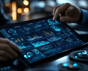Poster - Hightech businessman using a digital tablet to plan innovative project, futuristic workspace, dynamic 3D interface, holographic project visualization, modern design elements