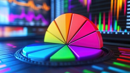 Poster - A colorful pie chart with different sections in vibrant hues, displayed on a computer screen in a modern workspace, symbolizing data analysis and presentation.