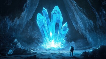 Poster - Person exploring a dark cave with glowing blue crystals.