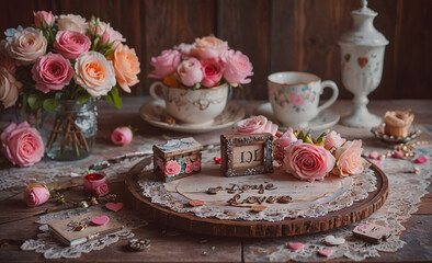 Aufkleber - Wooden tray with a white lace doily and a sign that says Love. There are several pink roses on the tray