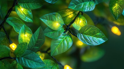 Aufkleber - Close up of vibrant festive lights intertwined with lush green leaves creating a warm and inviting atmosphere for celebrations
