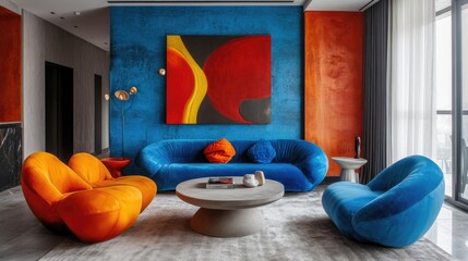 Poster - A contemporary living room showcasing a bold accent wall, sleek furniture, and artistic dcor, creating a stylish and sophisticated space.