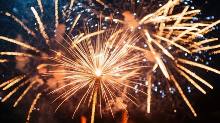Aufkleber - Vibrant close-up of dazzling fireworks bursting in vibrant colors against a dark night sky background creating a festive atmosphere