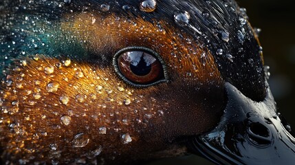 Wall Mural - Close up of a mallard duck showcasing detailed feathers with dew drops and sparkling eyes illuminated in soft morning light