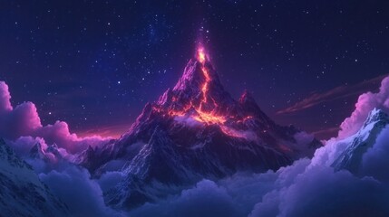 Sticker - Fiery volcanic peak at night, surrounded by clouds and stars.