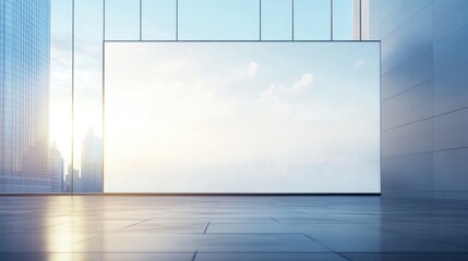 Poster - modern corporate office interior featuring large blank screen on bright glass wall with soft pastel 