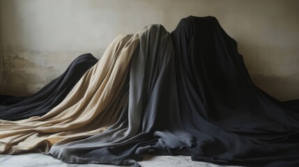 Aufkleber - Draped fabric textures in muted tones creating an abstract layered composition on a minimalist background