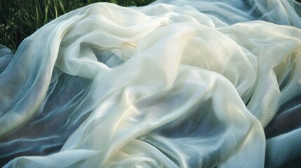Aufkleber - Translucent fabric draped gracefully in natural light revealing soft textures and delicate folds on a serene background.