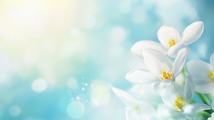 Canvas Print - Macro shot of snowdrop flowers against a soft bokeh background with light blue sky symbolizing spring renewal and purity with space for text