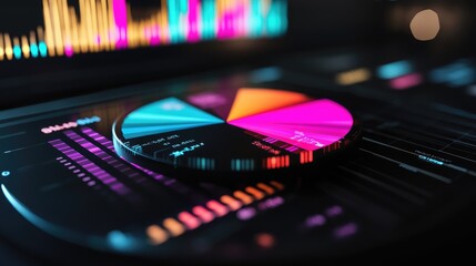 Fototapete - A detailed pie chart illustrating stock market shares, with each segment labeled and colored differently, displayed on a polished digital screen.