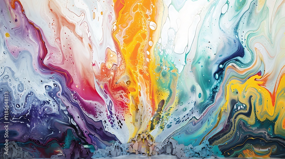 An abstract painting with fluid colors and marbling effect, with a ...