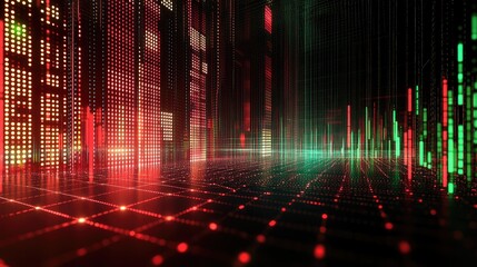 Poster - A digital stock market chart with dynamic candlestick patterns in red and green, showcasing market fluctuations against a sleek, dark background.