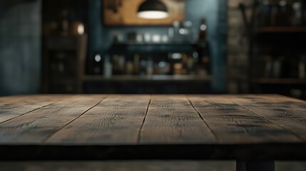 Sticker - Empty rustic wooden table with blurred kitchen background ideal for showcasing products or creating a warm inviting atmosphere