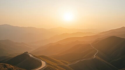 Poster - Scenic sunset over winding mountain road.