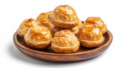 Canvas Print - Traditional mini puff pastries filled with fish curry and spices arranged on a wooden plate against a clean white background.