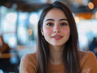 Closeup of youthful woman with long hair smiling while engaging in conversation with friend inside modern cafe featuring blurred background bokeh effects