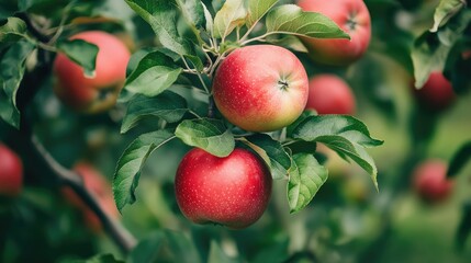 Canvas Print - Ripe red apples cluster on tree branches surrounded by lush green leaves in serene orchard setting showcasing nature's bounty.