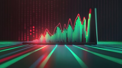 Poster - A financial line chart with uptrends and downtrends in red and green, displayed on a tablet screen, set on a sleek desk with a minimalist design.