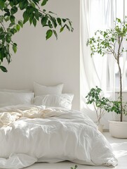 Canvas Print - Young woman waking up in bright white bedroom with large bed and plants near window creating calm atmosphere for text placement