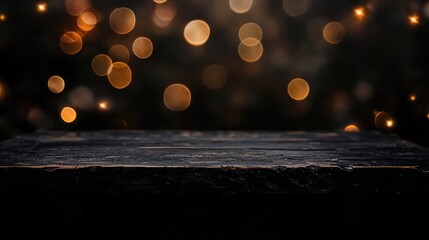 Canvas Print - Wooden Table in Front of Soft Bokeh Christmas Lights for Festive Holiday Background Design