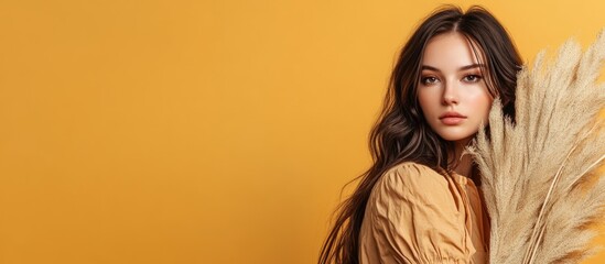 Poster - brunette woman elegantly poses with a duster against a vibrant ocher background, featuring ample emp