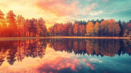 Sticker - Stunning vintage sunset over a tranquil lake reflecting vibrant autumn forest colors in a serene natural landscape.