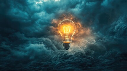 Poster - A glowing light bulb set against a backdrop of dark, stormy clouds, symbolizing hope and illumination in challenging times.