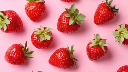 Canvas Print - Fresh ripe strawberries scattered on a soft pink background showcasing vibrant colors and natural textures. Top view close-up composition.