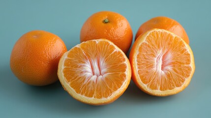 Canvas Print - Fresh ripe oranges and mandarin halves displayed on a light blue background showcasing their juicy texture and vibrant color.