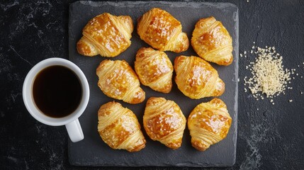 Canvas Print - Freshly Baked Golden Mini Butter Croissants with Coffee in White Cup on Rustic Stone Table Top View Breakfast Concept