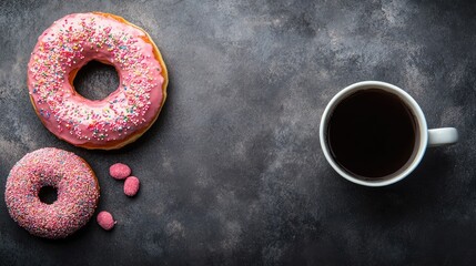 Sticker - Donut and coffee on rustic table top view with sprinkles and space for text on a dark background