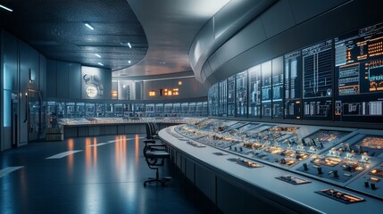 Poster - control room operations futuristic facility digital technology high-tech environment wide angle view