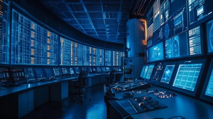 Poster - Advanced control room operations high-tech facility digital interface futuristic environment wide angle data management efficiency