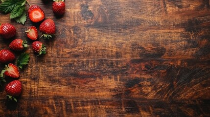 Canvas Print - Ripe fresh strawberries on textured wooden background showcasing healthy food concept with ample empty space for text or design elements