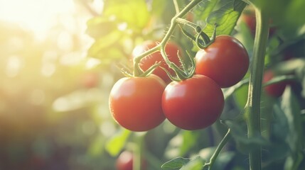 Canvas Print - Ripe organic tomatoes hanging on the vine in a sunlit greenhouse filled with lush greenery and warm, natural light