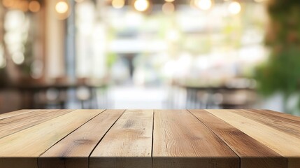 Canvas Print - Wooden Tabletop for Product Display with Blurred Cafe Background Creating a Warm Inviting Atmosphere for Marketing and Advertising Purpose