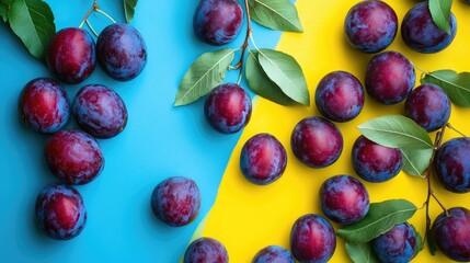 Canvas Print - Ripe plums with green leaves on vibrant blue and yellow background arranged on patio table showcasing fresh summer fruits.