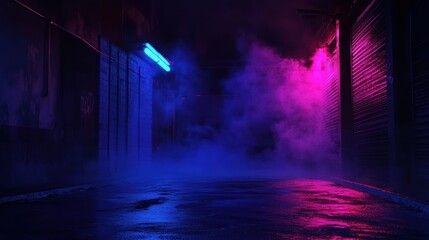 Poster - Mysterious neon alleyway scene at night urban landscape atmospheric photography dreamlike environment