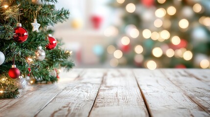 Canvas Print - Empty Wooden Table Ready for Holiday Decoration with Blurred Colorful Christmas Tree Background and Soft Bokeh Lights