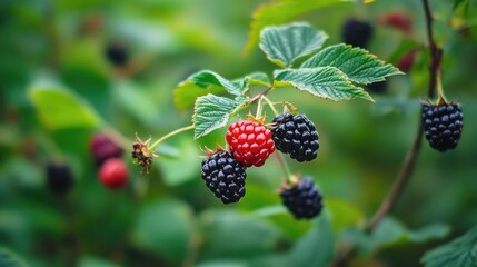 Canvas Print - Freshly picked ripe blackberries with vibrant green leaves in a natural setting showcasing the beauty of summer fruits and healthy eating.