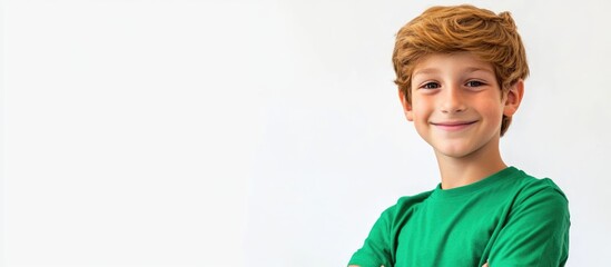 Wall Mural - Smiling young boy wearing a green shirt against a bright white background, posing with arms crossed, family, children, happiness, blank space for text.