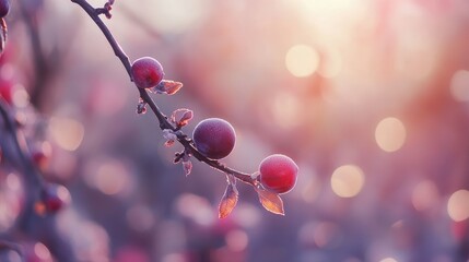 Canvas Print - Vibrant Plums Hanging on a Spring Branch Bathed in Gentle Soft Light with Bokeh Background