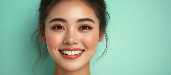 Poster - close-up portrait of a young asian businesswoman smiling at the camera against a soft teal backgroun