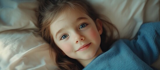 Poster - Close-up of a smiling little girl lying on a bed, looking directly at the camera with soft natural light illuminating her face, large empty space for text or graphics, innocence, childhood, warmth.