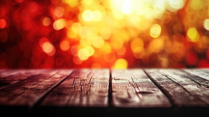 Canvas Print - Rustic Wooden Table with Vibrant Red and Yellow Bokeh Background for Seasonal and Festive Concepts