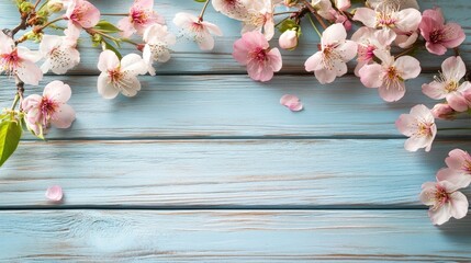 Wall Mural - Wooden Table with Cherry Blossom Flowers on a Light Blue Background for Spring Decor and Celebrations