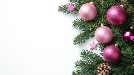 Festive Christmas tree decoration with pink ornaments and stars on fir branches against white background for holiday celebrations